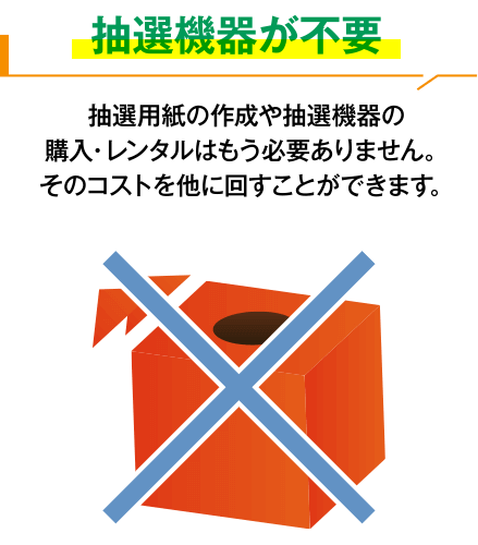 抽選機器が不要 抽選用紙の作成や抽選機器の購入・レンタルはもう必要ありません。そのコストを他に回すことができます。