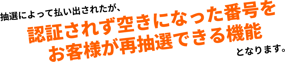 抽選によって払い出されたが、認証されず空きになった番号をお客様が再抽選できる機能となります。
                